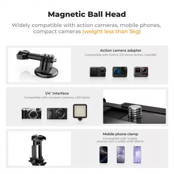 Support de fixation magnétique à rotule 3D KF pour GoPro, smartphone et appareil photo avec filetage 1/4 inch, KF31.156, noir