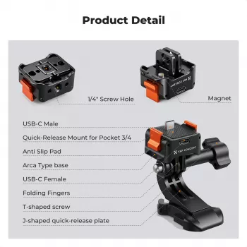 Adaptateur à libération rapide KF avec charge USB-C pour DJI Osmo Pocket 3/4, fixation GoPro, filetage 1/4 inch, noir