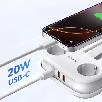 Multiprise ORICO AP3 20W GaN 5-en-1 2x AC + 2x USB-A + 1x USB-C - Blanc