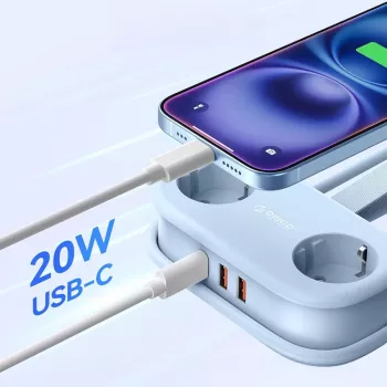 Multiprise ORICO AP3 20W GaN 5-en-1, 2x AC + 2x USB-A + 1x USB-C, bleu
