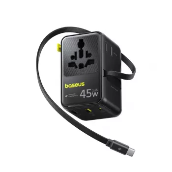 Baseus PicoGo AG11 45W Adaptateur de voyage universel 6-en-1 avec câble USB-C rétractable - noir