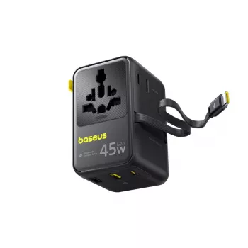 Baseus PicoGo AG11 45W Adaptateur de voyage universel 6-en-1 avec câble USB-C rétractable - noir