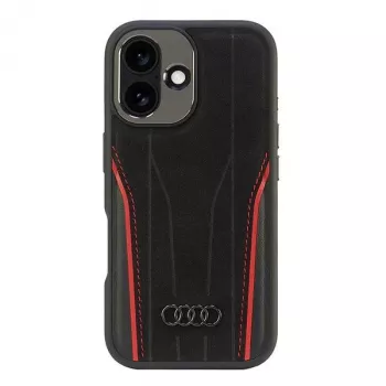 Coque rigide MagSafe Audi en cuir véritable pour iPhone 16 noir-rouge