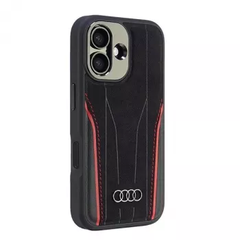Coque rigide MagSafe Audi en cuir véritable pour iPhone 16 noir-rouge
