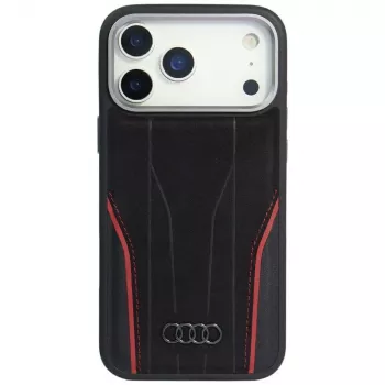 Coque MagSafe Audi R8 en cuir véritable pour iPhone 15 Pro noire avec accents rouges