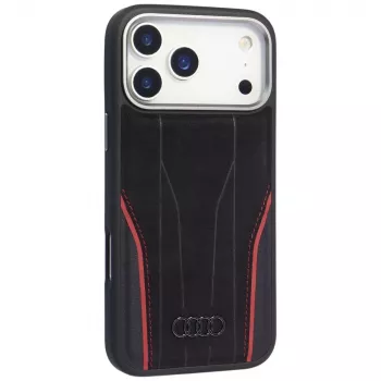 Coque MagSafe Audi R8 en cuir véritable pour iPhone 15 Pro noire avec accents rouges