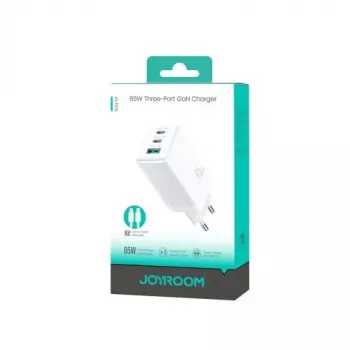Chargeur secteur GaN Joyroom JR-TG10 65W 2x USB-C + USB-A avec câble USB-C vers USB-C 100W 1,2m Blanc