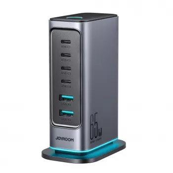 Chargeur multiport GaN Joyroom JR-TCM02 65W 4x USB-C 2x USB-A prise EU Gris foncé