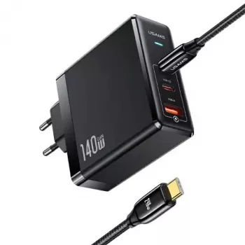 Chargeur mural USAMS T52PD140W 140W GaN avec câble USB-C 240W, 2xUSB-C + 1xUSB-A, charge rapide PD, noir (US-CC168 + US-SJ581) série UM UMXLOGTC01