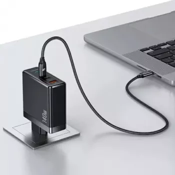 Chargeur mural USAMS T52PD140W 140W GaN avec câble USB-C 240W, 2xUSB-C + 1xUSB-A, charge rapide PD, noir (US-CC168 + US-SJ581) série UM UMXLOGTC01