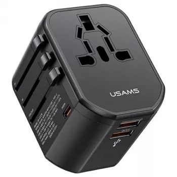 Chargeur de voyage universel USAMS T59 20W avec 2 ports USB-A et 1 port USB-C, noir, fiches interchangeables US/AU/EU/UK