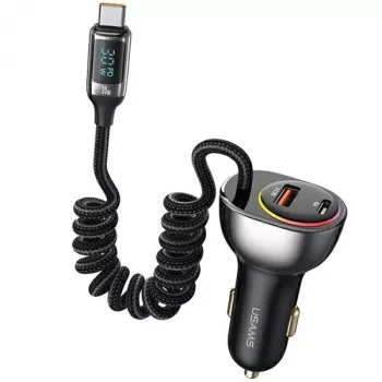 USAMS C37 Car Charger 1xUSB-A + 1xUSB-C 60W with USB-C to USB-C Cable 30W PD+QC Fast Charge Black CC192CC01 (US-CC192)