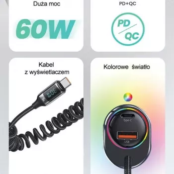 USAMS C37 Car Charger 1xUSB-A + 1xUSB-C 60W with USB-C to USB-C Cable 30W PD+QC Fast Charge Black CC192CC01 (US-CC192)