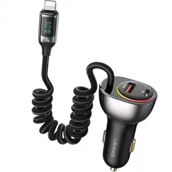 Chargeur de voiture USAMS C37 60W 1xUSB-A + 1xUSB-C PD+QC charge rapide avec câble Lightning 30W noir CC193CC01 (US-CC193)