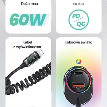 Chargeur de voiture USAMS C37 60W 1xUSB-A + 1xUSB-C PD+QC charge rapide avec câble Lightning 30W noir CC193CC01 (US-CC193)