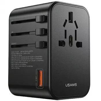 Chargeur de voyage universel USAMS 65W 1xUSB-A + 2xUSB-C T62 avec fiches interchangeables US/AU/EU/UK noir CC199TC01 (US-CC199)