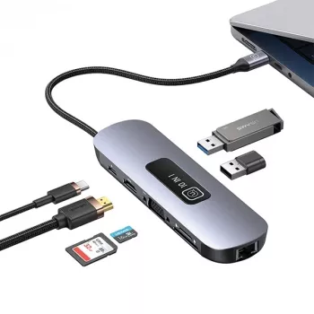 Adaptateur hub USB-C USAMS 10-en-1 3x USB 3.0, SD/TF, HDMI, VGA, RJ45, PD 100W, gris