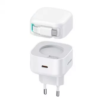 Chargeur mural USB-C USAMS XMF Series CC202TC02 35W GaN avec câble USB-C rétractable, PD+QC, blanc