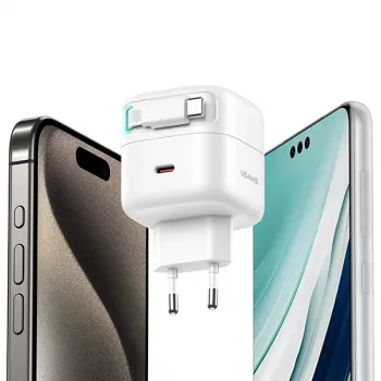 Chargeur mural USB-C USAMS XMF Series CC202TC02 35W GaN avec câble USB-C rétractable, PD+QC, blanc