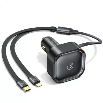 Chargeur de voiture USAMS C41 30W PD charge rapide avec câbles USB-C et Lightning rétractables noir (US-CC219)