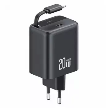Chargeur mural USAMS YC Series GaN 20W USB-C avec câble rétractable, charge rapide PD+QC, noir (US-CC233)