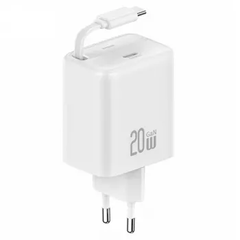 Chargeur mural USAMS YC Series GaN 20W USB-C avec câble USB-C rétractable, charge rapide PD+QC, blanc (US-CC233)