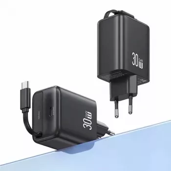 Chargeur mural USAMS YC Series CC241TC02 30W GaN USB-C avec câble USB-C rétractable, charge rapide PD+QC, blanc