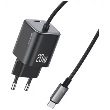 Chargeur rapide USAMS 20W GaN avec câble USB-C, noir