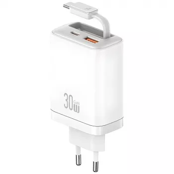 Chargeur USAMS Xiang Series CC296 30W USB-C/USB-A avec câble USB-C blanc
