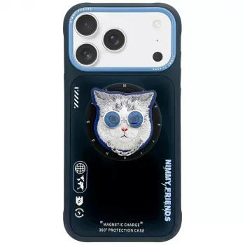 Coque MagSafe Nimmy Glasses Cool Cat pour Apple iPhone 17, noir et bleu