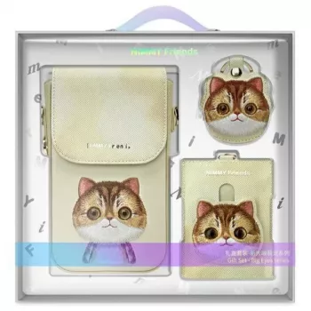 Ensemble 3-en-1 Nimmy : pochette de téléphone, portefeuille et étui localisateur - kaki - Big Eyed Pet 2.0 Cat