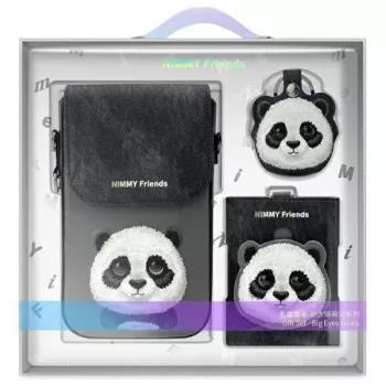 Ensemble 3-en-1 Nimmy : pochette de téléphone + portefeuille + étui traqueur, noir, Big Eyed Pet 2.0 Panda