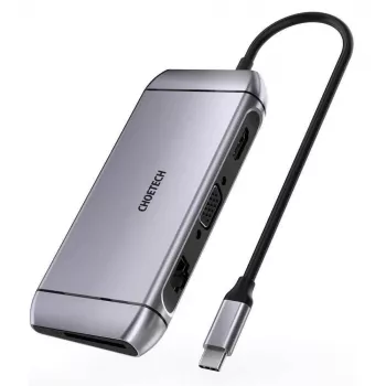 Hub multifonction CHOETECH USB-C 9-en-1 - 3x USB 3.2 Gen 1, lecteur de cartes SD/TF, HDMI 4K 30Hz, VGA Full HD 60Hz, USB-C PD, RJ45 Gigabit Ethernet, gris (HUB-M15)
