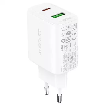 Acefast A25 Wall Charger, USB + USB-C, PD 20W (White)
