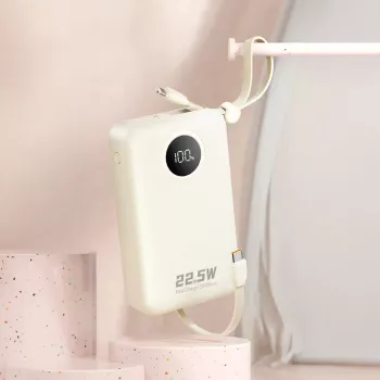 Powerbank Dudao K14+ 20000mAh 22,5W USB-C / USB-A avec câbles Lightning et USB-C intégrés - Blanc