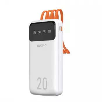 Dudao K6Pro+ Power bank 20000mAh avec 4 câbles intégrés USB-C, Micro USB, Lightning, USB-A (Entrée) - Blanc