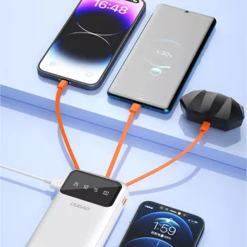 Dudao K6Pro+ Power bank 20000mAh avec 4 câbles intégrés USB-C, Micro USB, Lightning, USB-A (Entrée) - Blanc