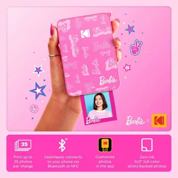Imprimante photo instantanée KODAK Step Slim Barbie - Bluetooth 5.0, technologie ZINK Zero Ink, tirages 2x3 inch, Barbie Pink