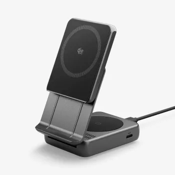 Station de charge sans fil Spigen Essential Qi2 2 en 1 25 W MagSafe, noire
