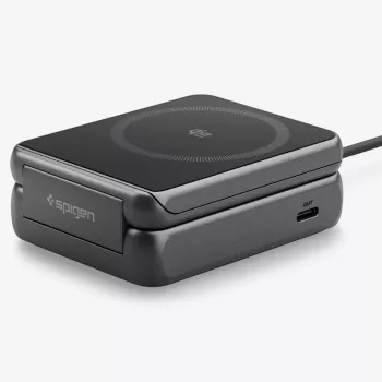 Station de charge sans fil Spigen Essential Qi2 2 en 1 25 W MagSafe, noire