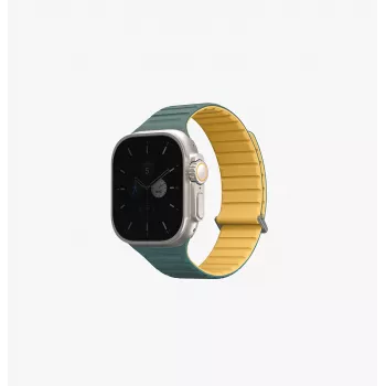 Bracelet magnétique réversible en silicone UNIQ Revix Evo pour Apple Watch Series 1/2/3/4/5/6/7/8/9/SE/SE2/SE3/Ultra/Ultra2/Ultra3 42/44/45/49 mm vert viridien / jaune brûlé