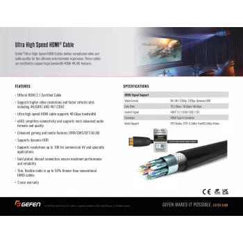 Câble HDMI 2.1 Gefen GEF-CAB-HS-HDMI-15M 15m 48Gbit/s 8K 4K HDR eARC noir