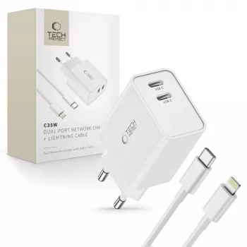 Chargeur réseau 2 ports TECH-PROTECT C35W PD 35W + câble Lightning blanc