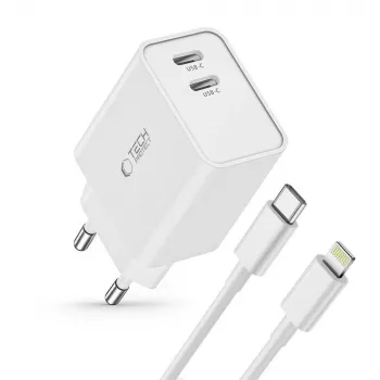 Chargeur réseau 2 ports TECH-PROTECT C35W PD 35W + câble Lightning blanc