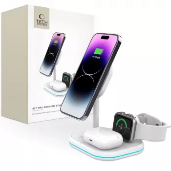 TECH-PROTECT QI15W-A27 chargeur sans fil magnétique MagSafe 3IN1 blanc