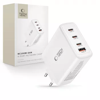 Tech-Protect NC100W-GAN 4-PORT chargeur mural GaN blanc 100W USB-C USB-A
