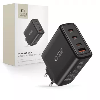 Tech-Protect NC100W-GAN 4-PORT chargeur mural GaN noir 100W USB-C