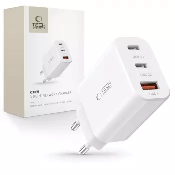 Tech-Protect NC30W Chargeur secteur USB-C & USB-A 3 ports 30W Blanc