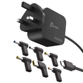 J5CREATE 67W GaN PD USB-C mini chargeur avec prise UK et 6 connecteurs DC