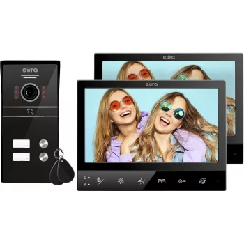 Eura VDP-80C5 interphone vidéo deux familles, noir, 2x 7 pouces LCD, FHD, 2 entrées, caméra 1080p, lecteur RFID, montage en saillie